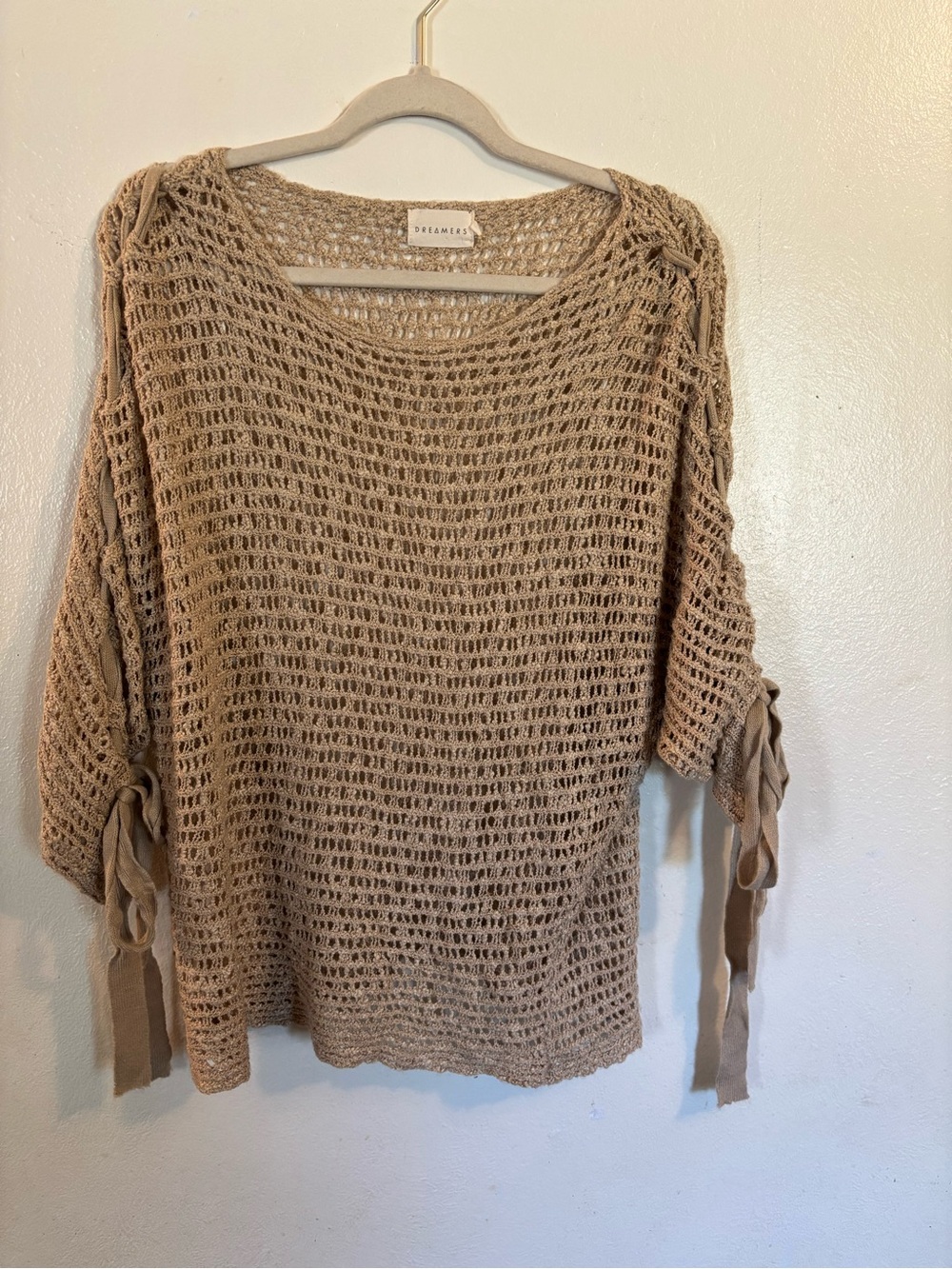 Dreamers Taupe Open-Knit Tie-Sleeve Sweater